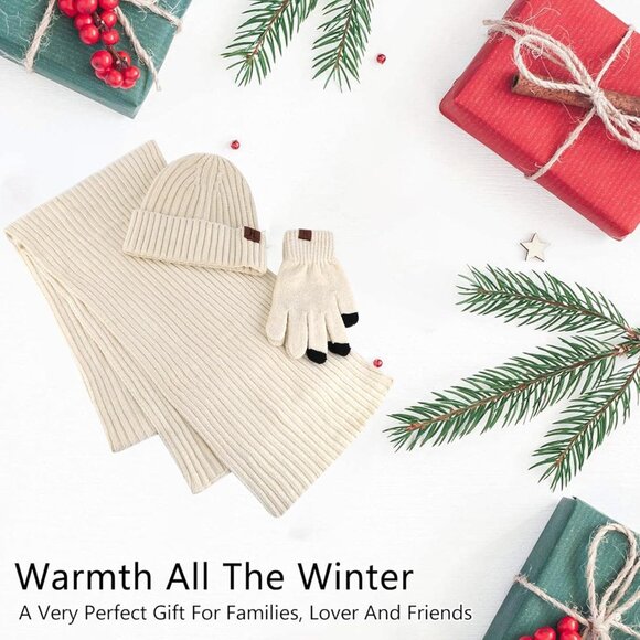 Winter Beanie Hat Scarf Gloves Set for Women and Men White Warm Knit Gift Idea - Picture 6 of 6
